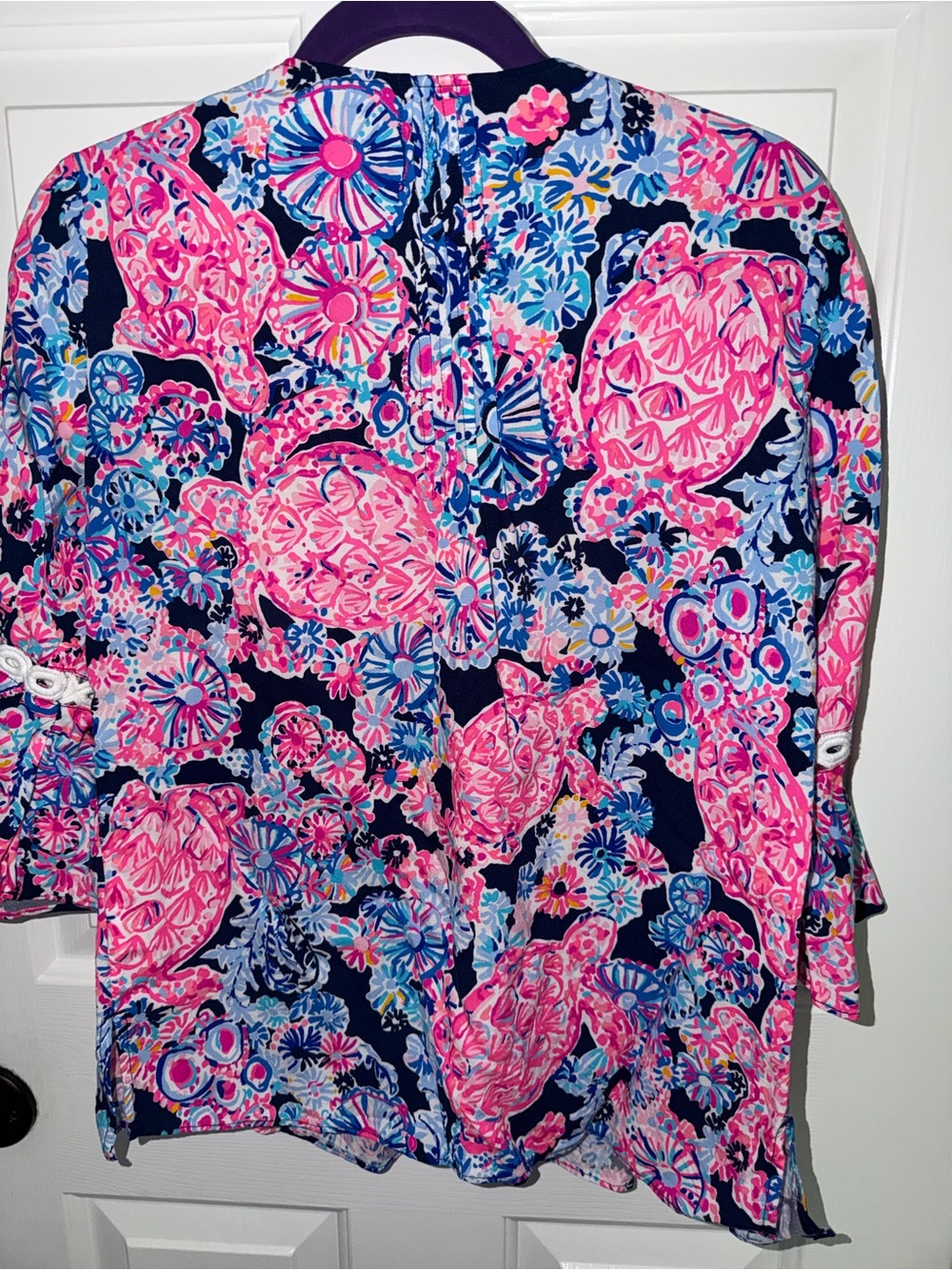 Lilly Pulitzer Hollie Tunic Top Flounce Sleeve Blooming Blue Pink Med MSRP $128 - Picture 9 of 10